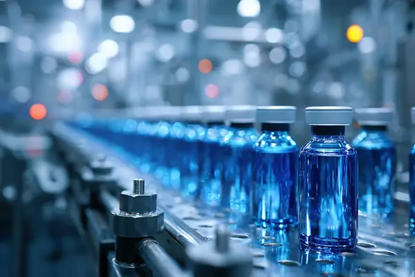 A clean pharmaceutical workshop, wide-angle close-up, overall blue tone gives a sense of cleanliness_副本.webp