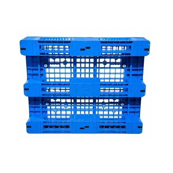Top view of UP1210 blue grid deck plastic pallet 1200x1000mm with anti-slip rubber pads