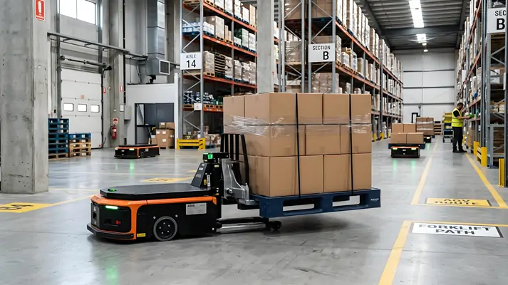 AGV handling an open-deck three-runner plastic pallet in a warehouse.webp