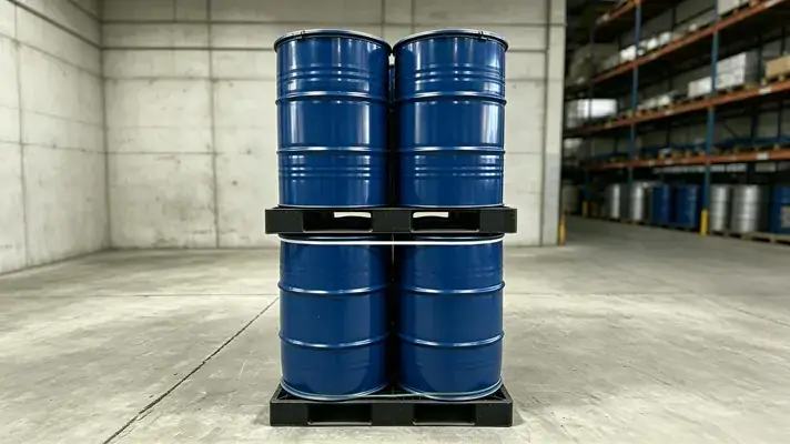 1140x1140 plastic pallet loaded with blue 55 gallon metal drums for industrial logistics.webp