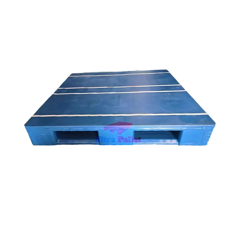 Blue 1200x1200mm HDPE pallet in forklift operation