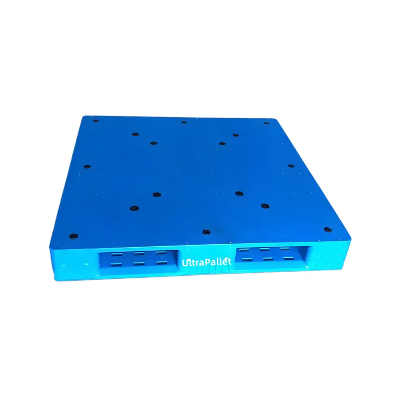 Blue HDPE plastic pallet with custom logo in warehouse