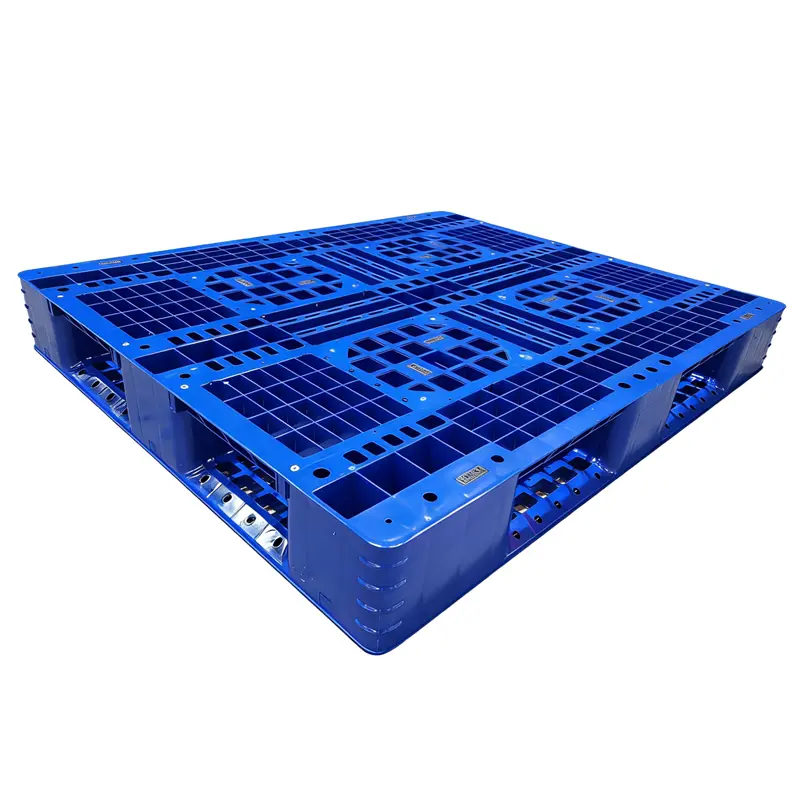 Blue HDPE industrial plastic pallet 1200x1000x150mm showing 4-way forklift entry.webp